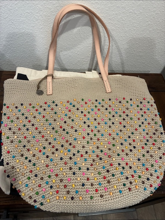 The Sak Handbags - The Sak Beige Crochet Tote with Multicolor Bead Accents